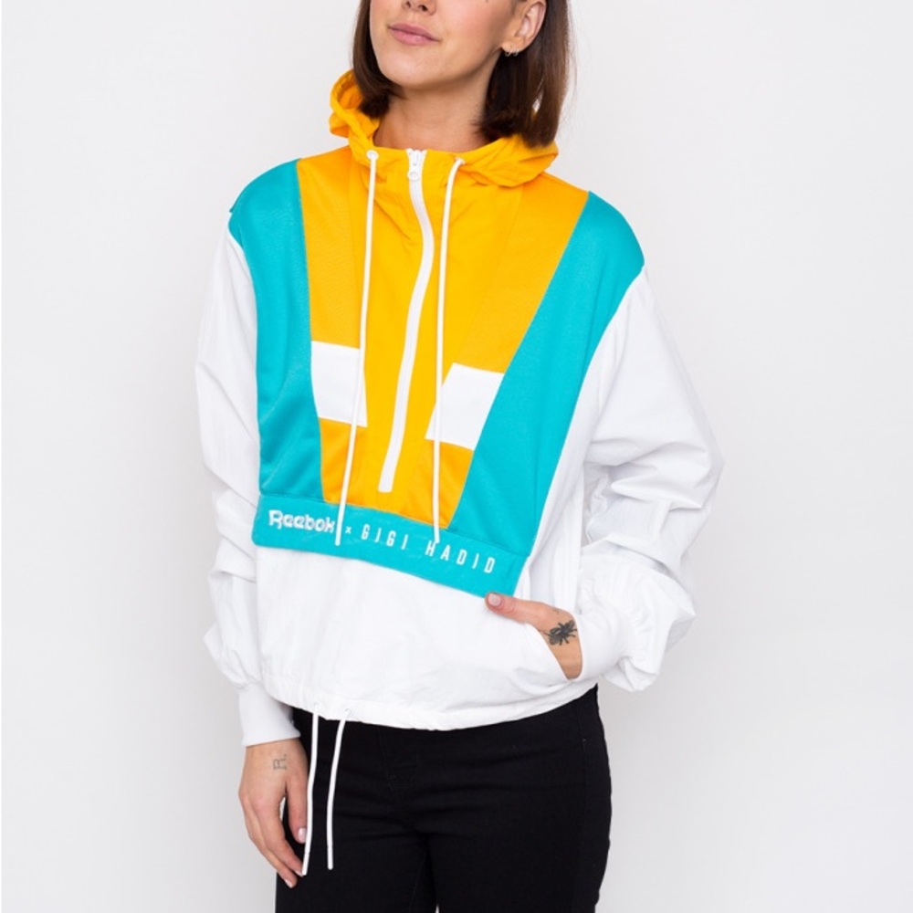 Reebok x Gigi Hadid Colorblock Hooded Pullover in White, Turquoise & Yellow M